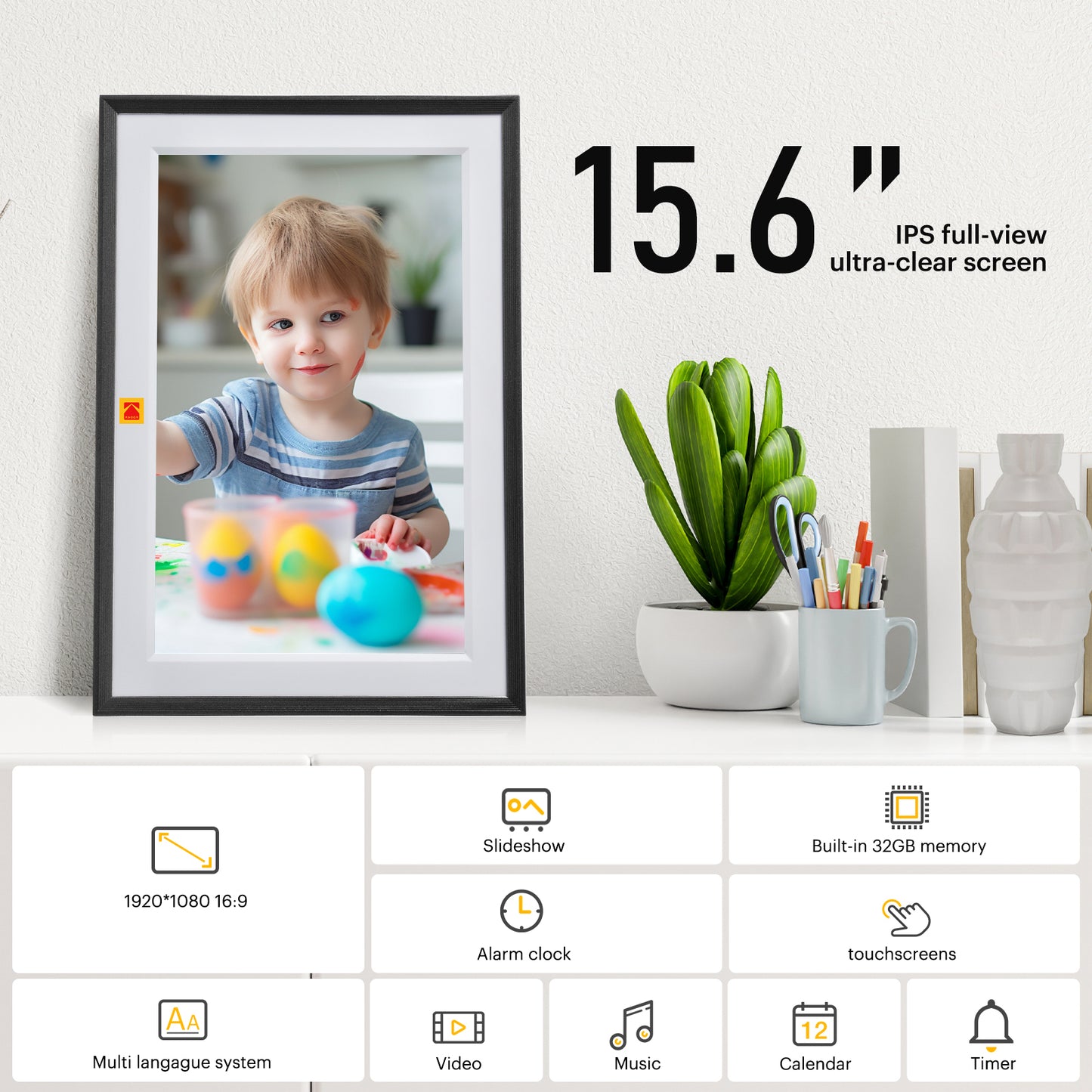 Kodak 15.6" Smart Digital Photo Frame Wooden Frame Design USB-C Safety Mark Certified (RCF-1561P)