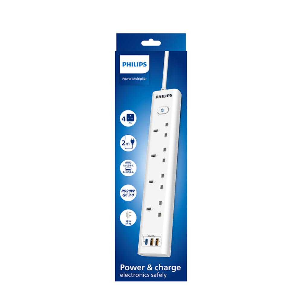 Philips 4 Gang Extension Socket with 2*USB A & 1*USB C On/off button (CHP8241WA/69)