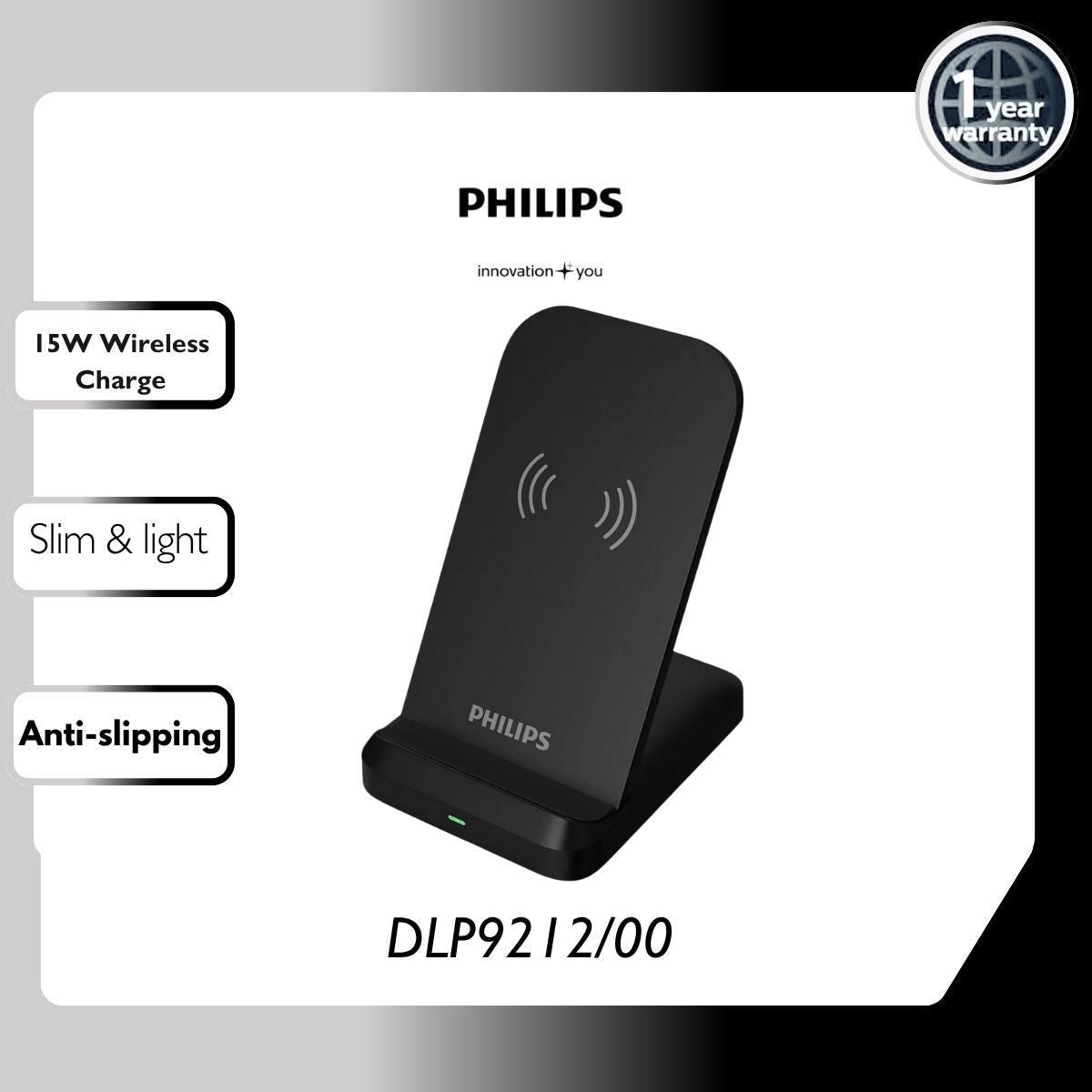 Philips 15W Qi Wireless Charger Stand | Fast Charging | USB-C Input | Anti-Slip | Black (DLP9212/00)
