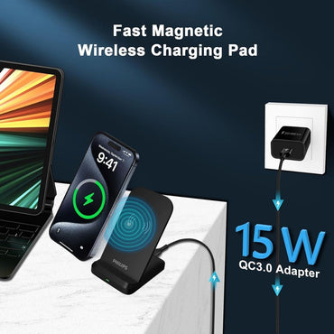 Philips 15W Qi Wireless Charger Stand | Fast Charging | USB-C Input | Anti-Slip | Black (DLP9212/00)