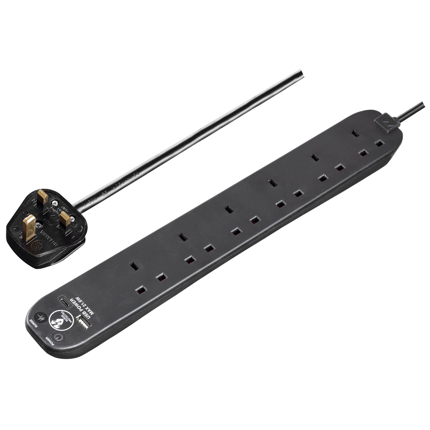 Masterplug Surge Extension Lead Fast Charge USB A&C 6 Sockets 2 meter Black/ White (SRGUAC2262N)