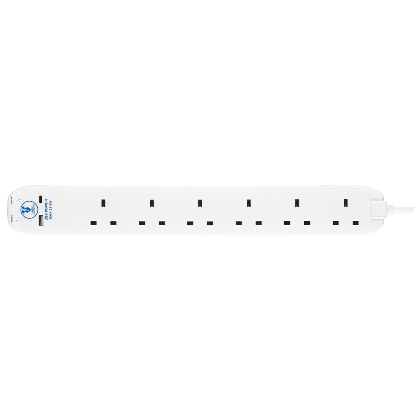 Masterplug Surge Extension Lead Fast Charge USB A&C 6 Sockets 2 meter Black/ White (SRGUAC2262N)