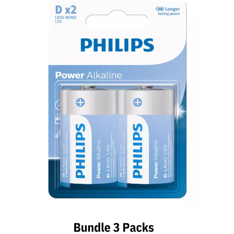 Philips Blister Pack 2xD Power Alkaline Battery Bundle 3 Packs (LR20P2B/40)