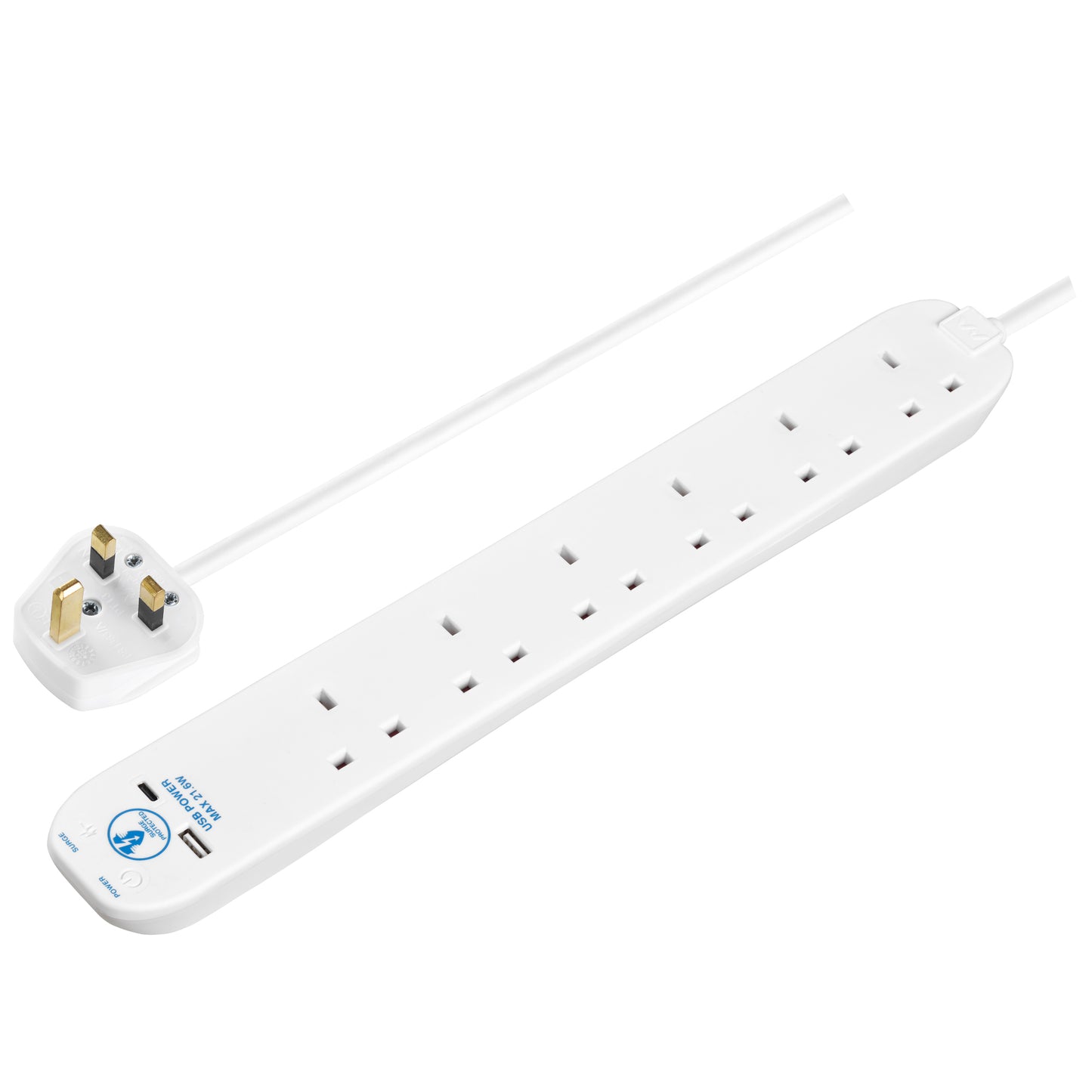 Masterplug Surge Extension Lead Fast Charge USB A&C 6 Sockets 2 meter Black/ White (SRGUAC2262N)