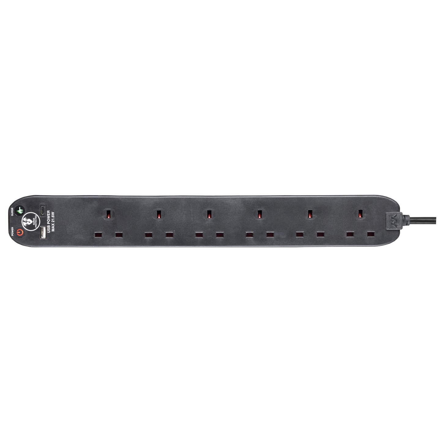 Masterplug Surge Extension Lead Fast Charge USB A&C 6 Sockets 2 meter Black/ White (SRGUAC2262N)