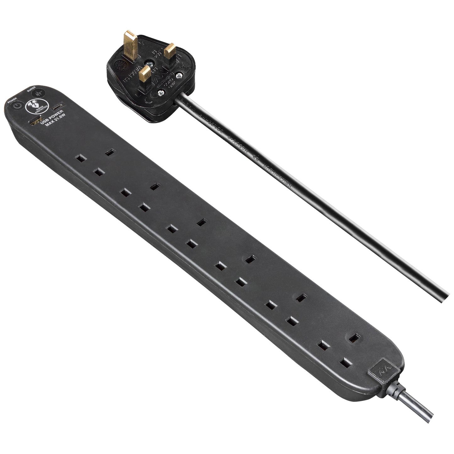 Masterplug Surge Extension Lead Fast Charge USB A&C 6 Sockets 2 meter Black/ White (SRGUAC2262N)
