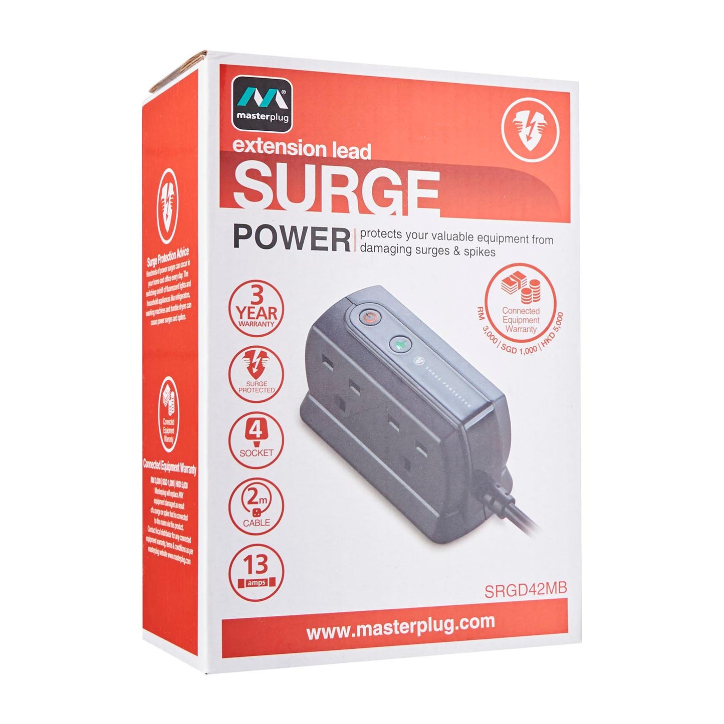 Masterplug Surge Compact Back-To-Back 4 Sockets Extension Lead 2 meter White/Black (SRGD42MB)