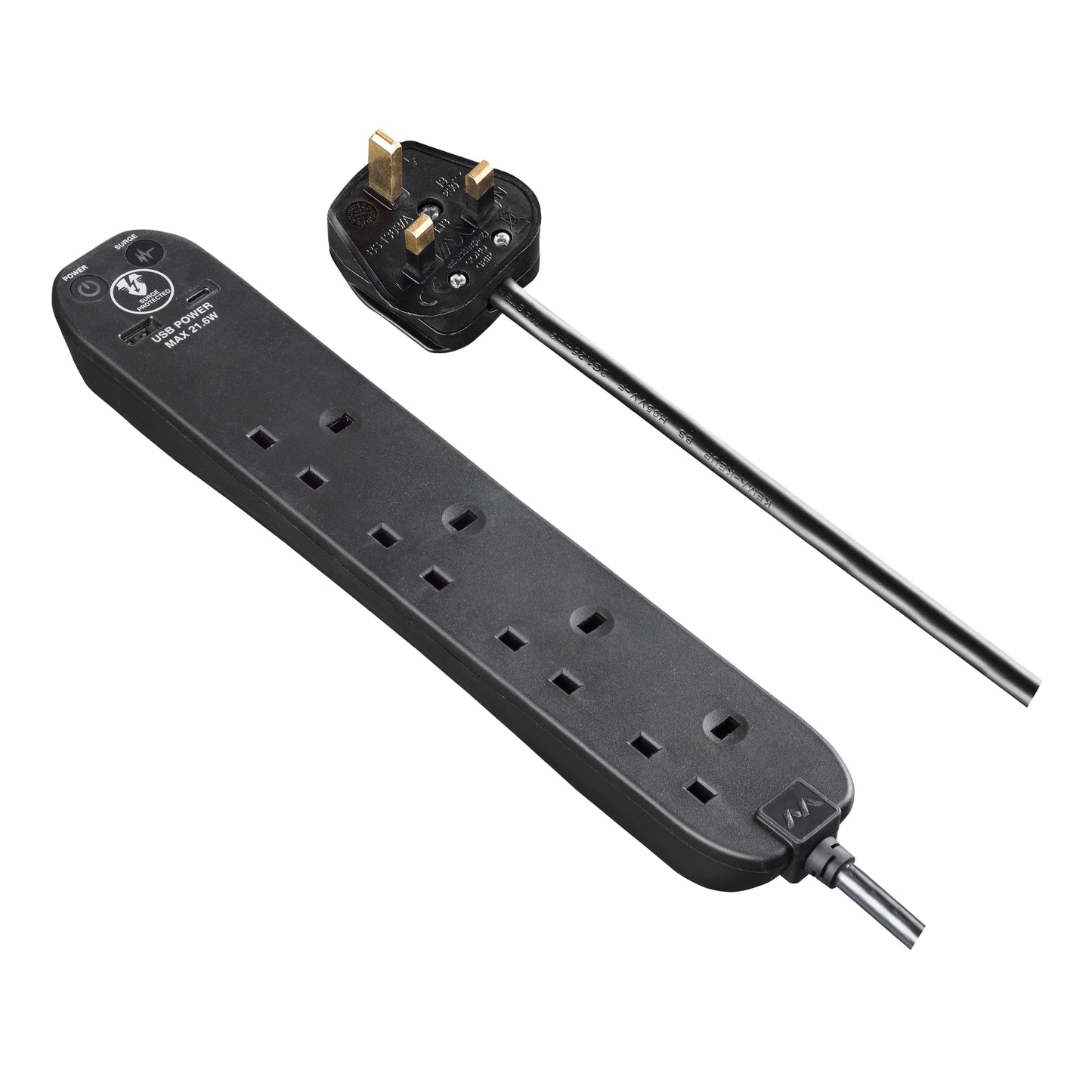 Masterplug Surge Extension Lead Fast Charge USB A&C 4 Sockets 2 meter Black/ White (SRGUAC2242N)