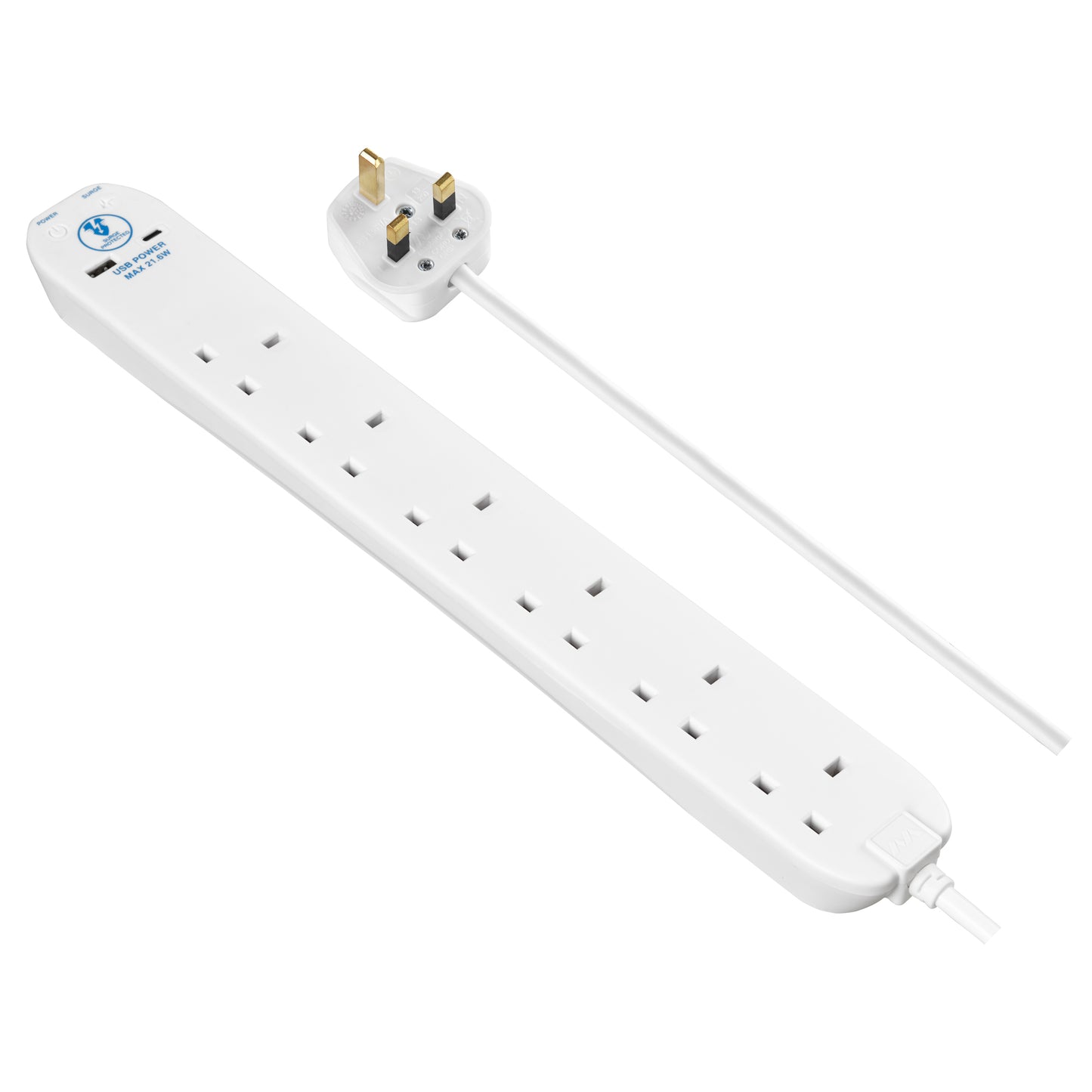 Masterplug Surge Extension Lead Fast Charge USB A&C 6 Sockets 2 meter Black/ White (SRGUAC2262N)