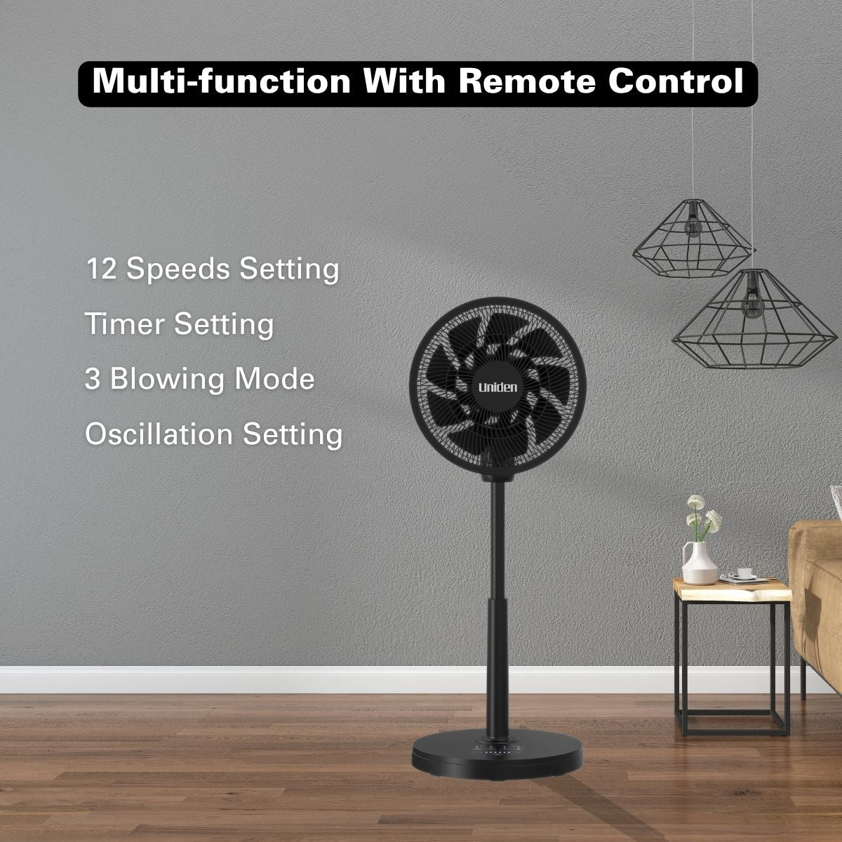 Uniden 12" 3D Oscillating DC Stand Fan (AF5120) , Black