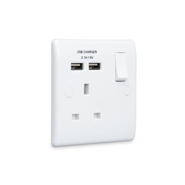 British General Moulded 13A Power Single Socket with USB Charger, White (821U2)
