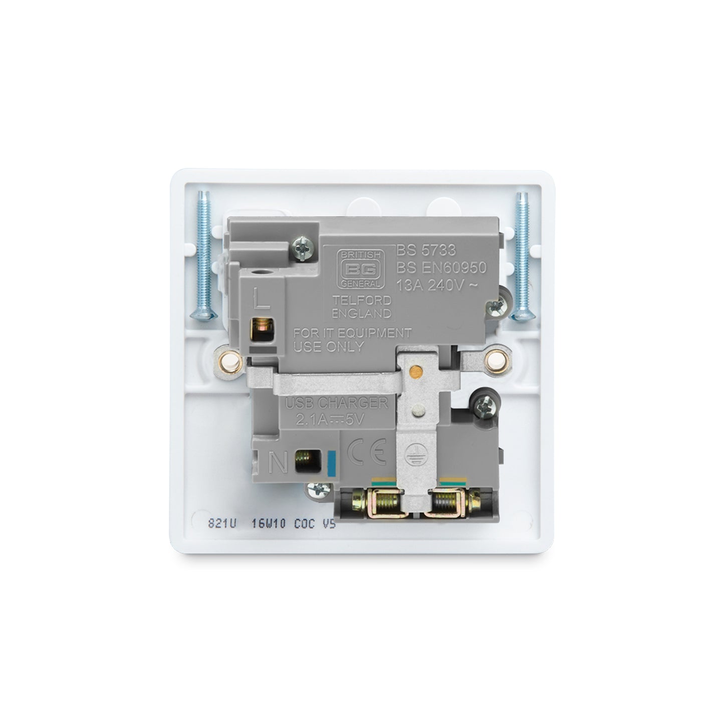 British General Moulded 13A Power Single Socket with USB Charger, White (821U2)