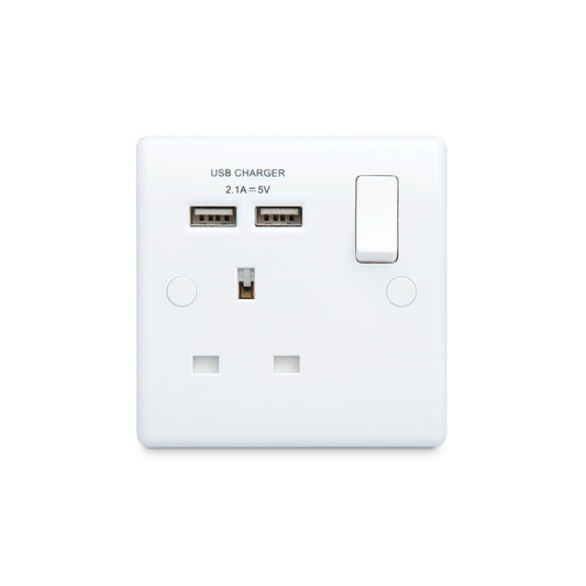 British General Moulded 13A Power Single Socket with USB Charger, White (821U2)