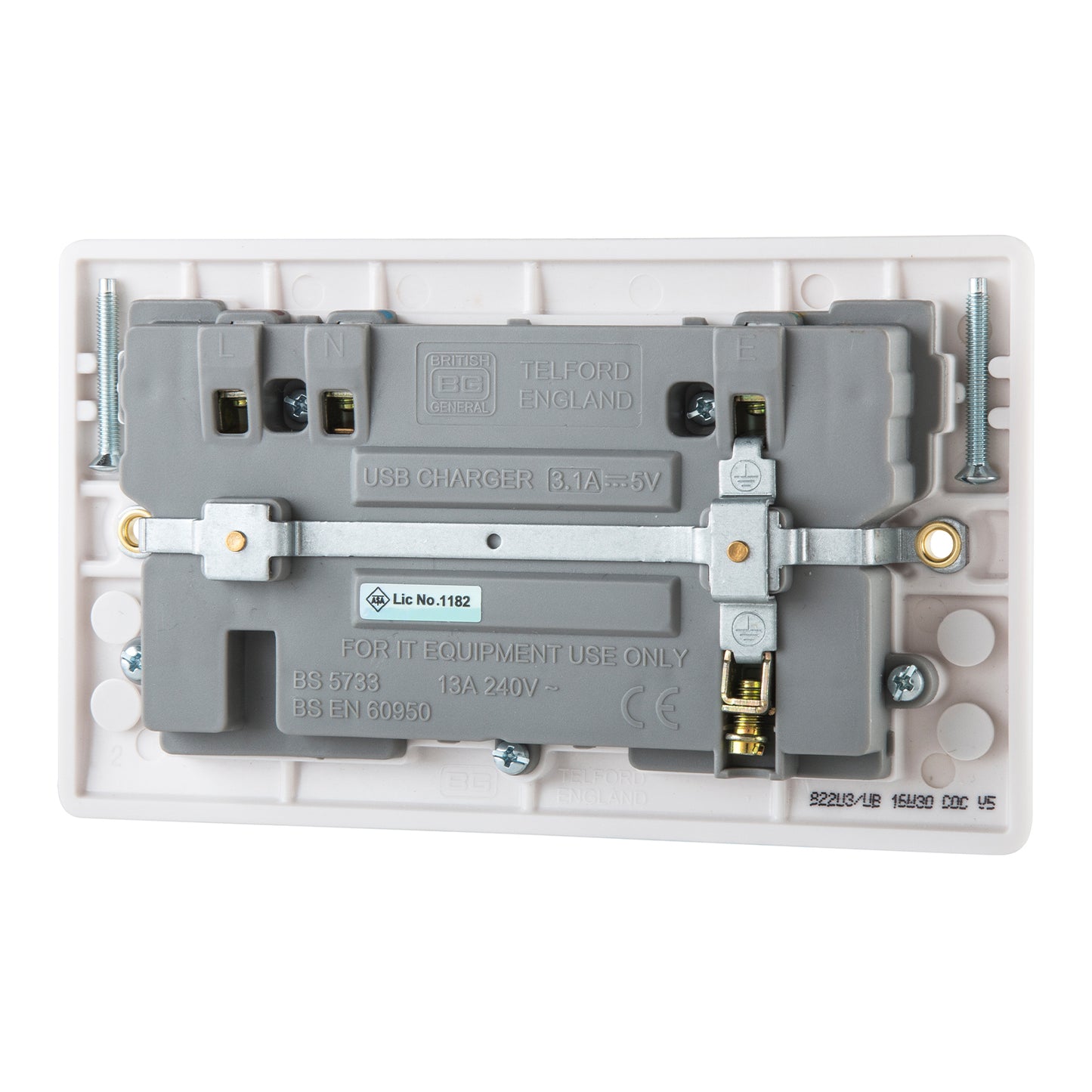 British General BG Moulded 13 Amp Power Double Socket with USB Charger, White (822U3)