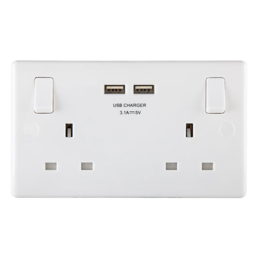 British General BG Moulded 13 Amp Power Double Socket with USB Charger, White (822U3)