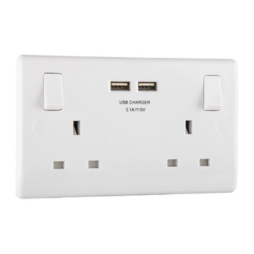 British General BG Moulded 13 Amp Power Double Socket with USB Charger, White (822U3)