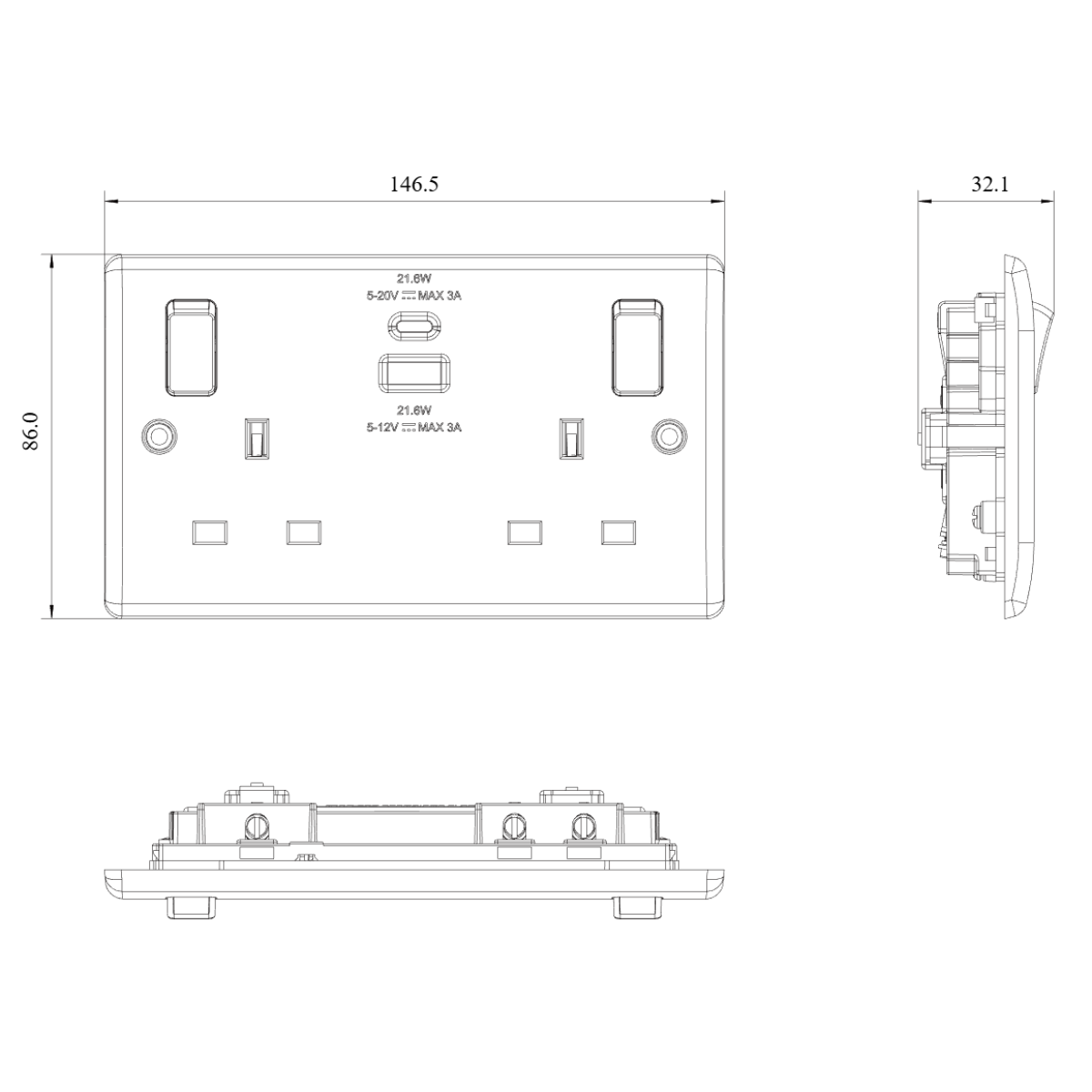 British General BG White Moulded 2 Gangs Sockets With 22W Output USB A & C (822UAC22)