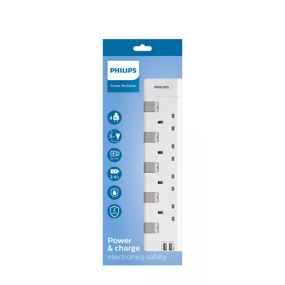 Philips 4 Gang Extension Socket with 2* USB A (CHP4140WB/90)