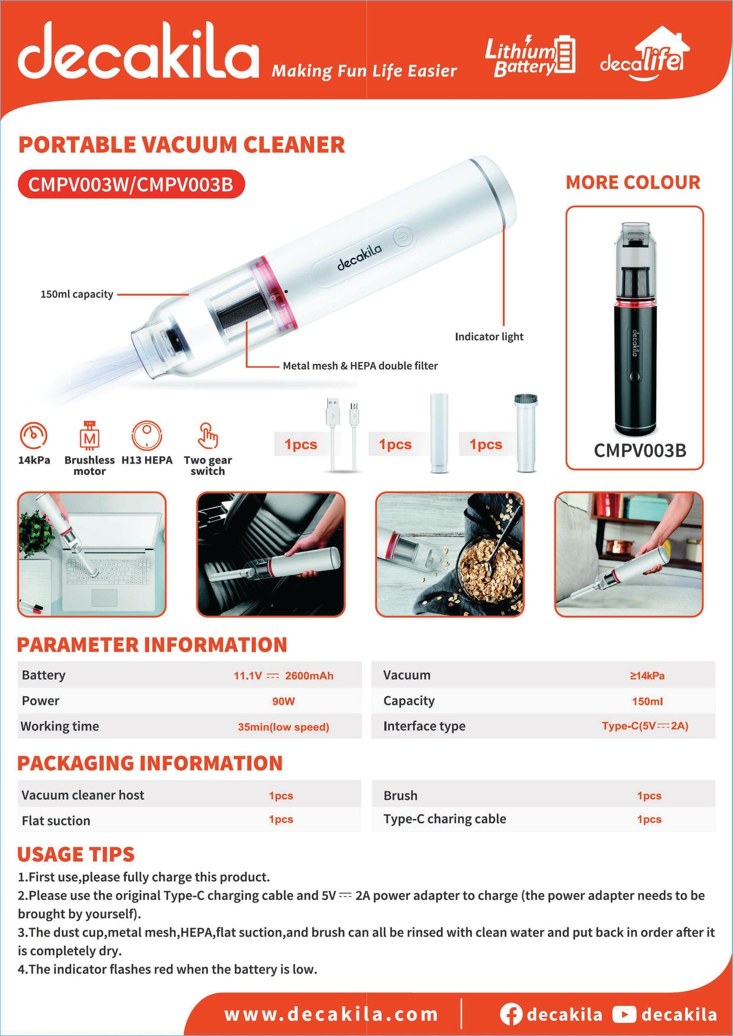 Decakila Portable Vacuum Cleaner, 90W, ≥14kPa (CMPV003B/W)