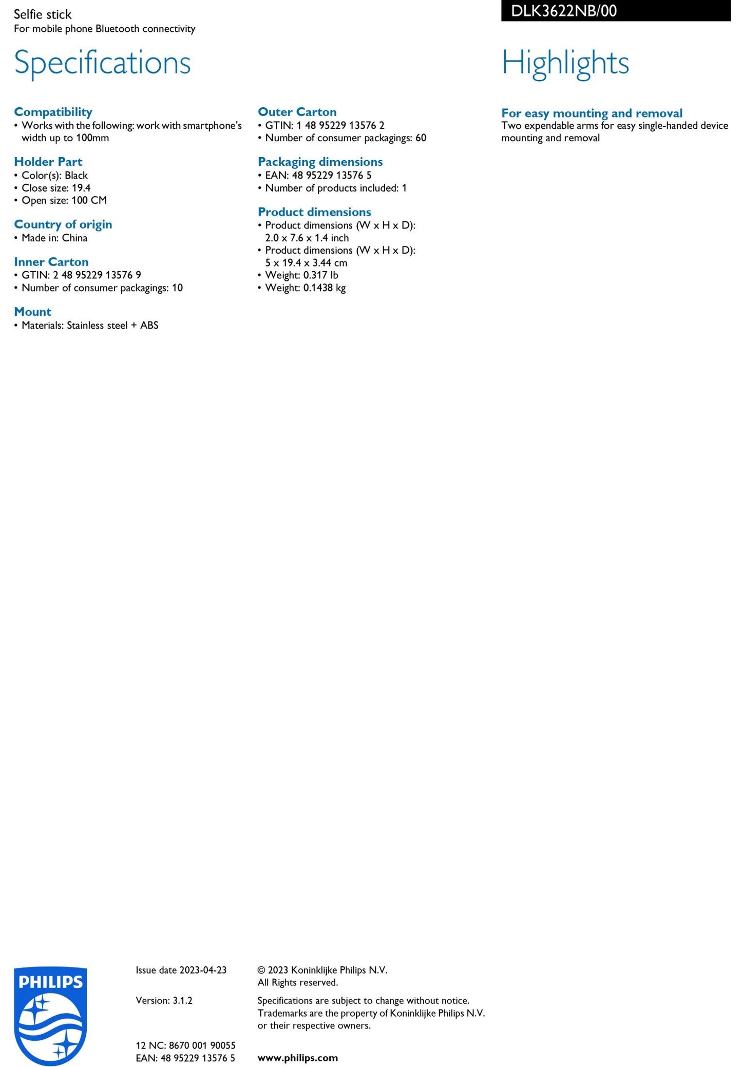 Philips Bluetooth Selfie Stick Aluminum Alloy adjustable angle foldable slim portable design (DLK3622NB/00)