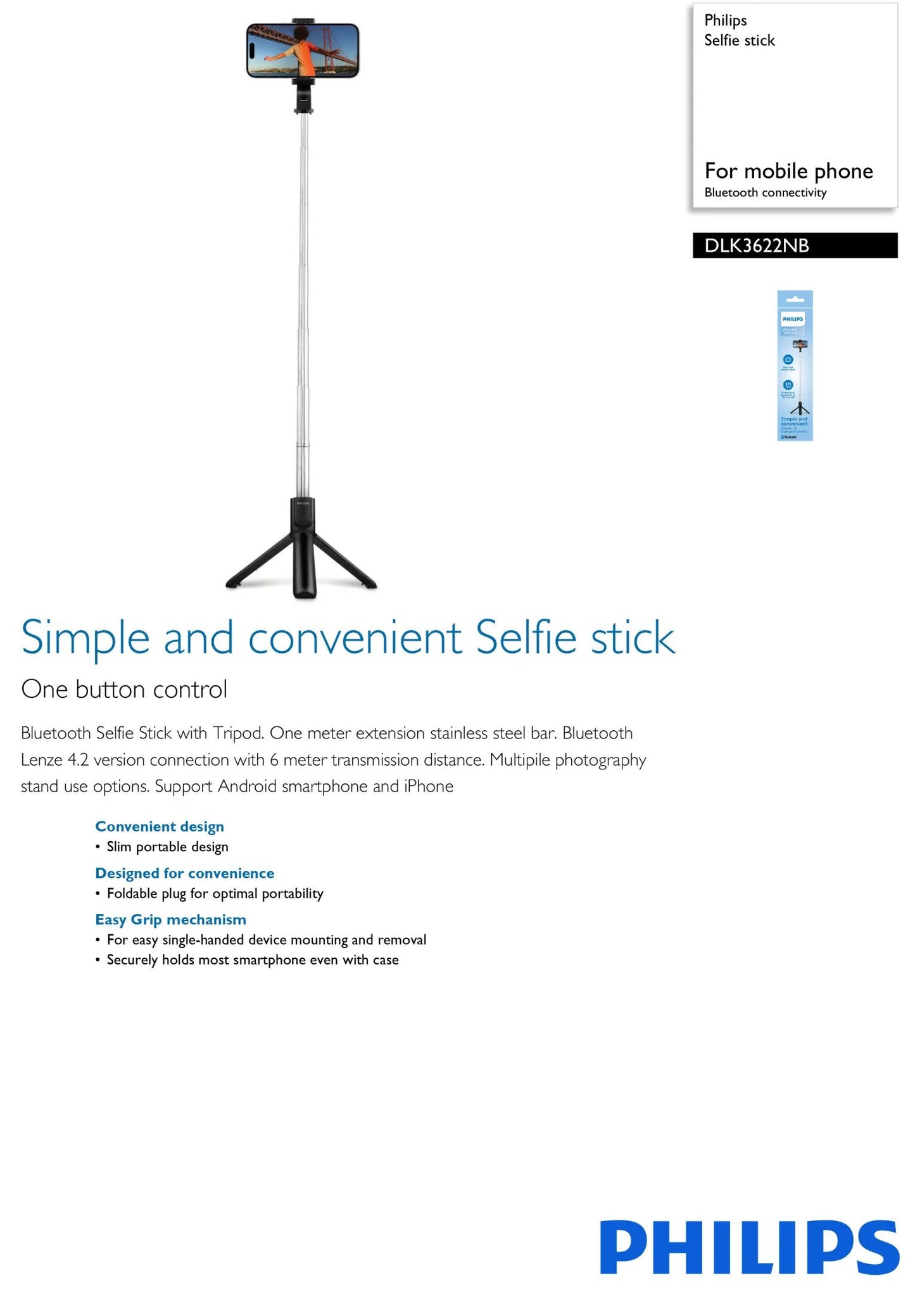 Philips Bluetooth Selfie Stick Aluminum Alloy adjustable angle foldable slim portable design (DLK3622NB/00)