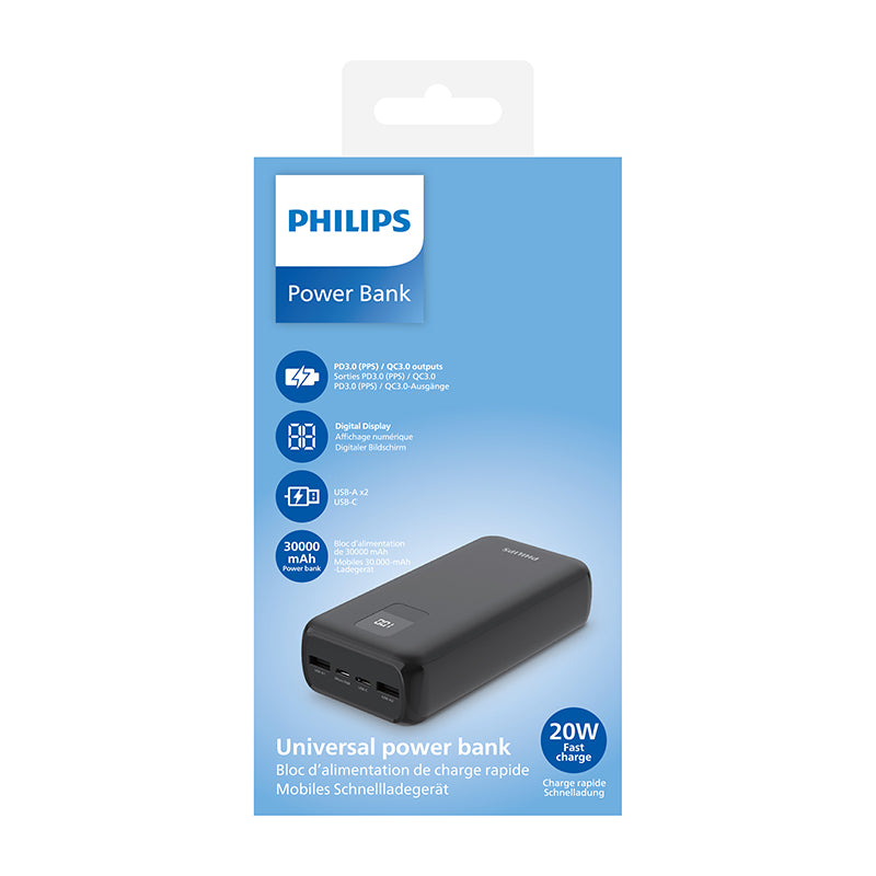 Philips Powerbank 30,000 mAh PD 3.0 20W Type C 18W Micro USB Support iPhone (DLP1930CB/00)