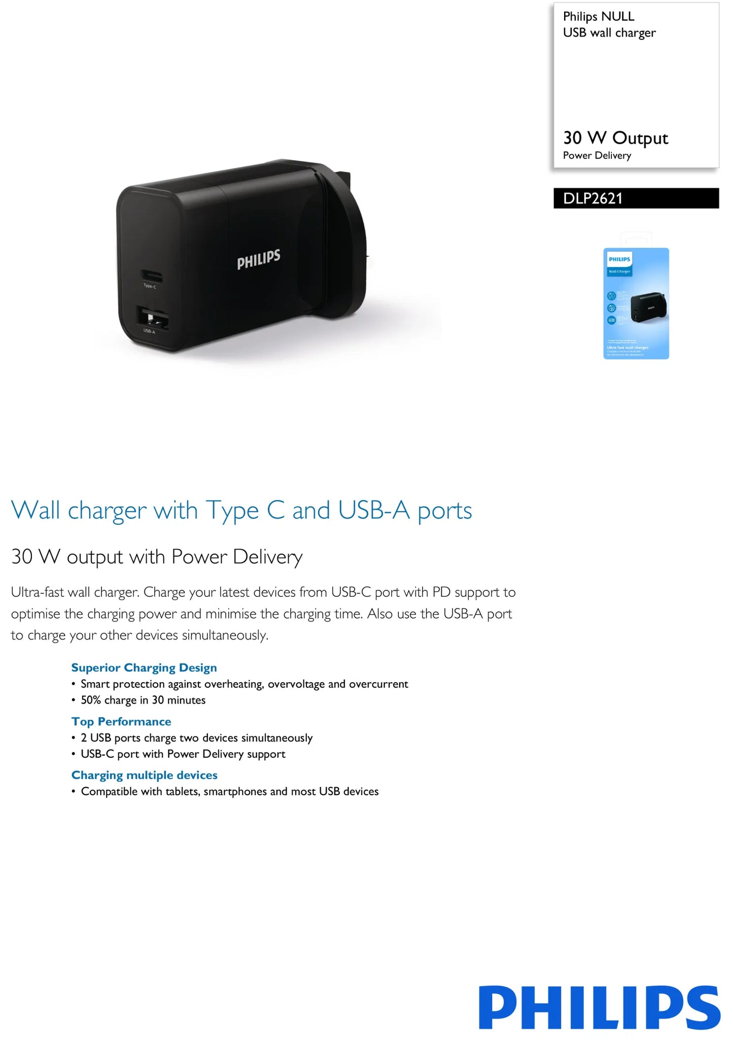Philips Wall Charger USB Type C and Type A port 30W Power delivery Ultra fast Smart Protection (DLP2621)