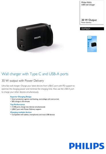 Philips Wall Charger USB Type C and Type A port 30W Power delivery Ultra fast Smart Protection (DLP2621)