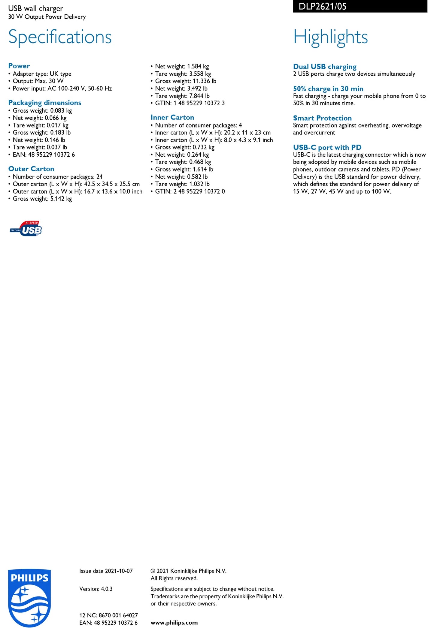 Philips Wall Charger USB Type C and Type A port 30W Power delivery Ultra fast Smart Protection (DLP2621)