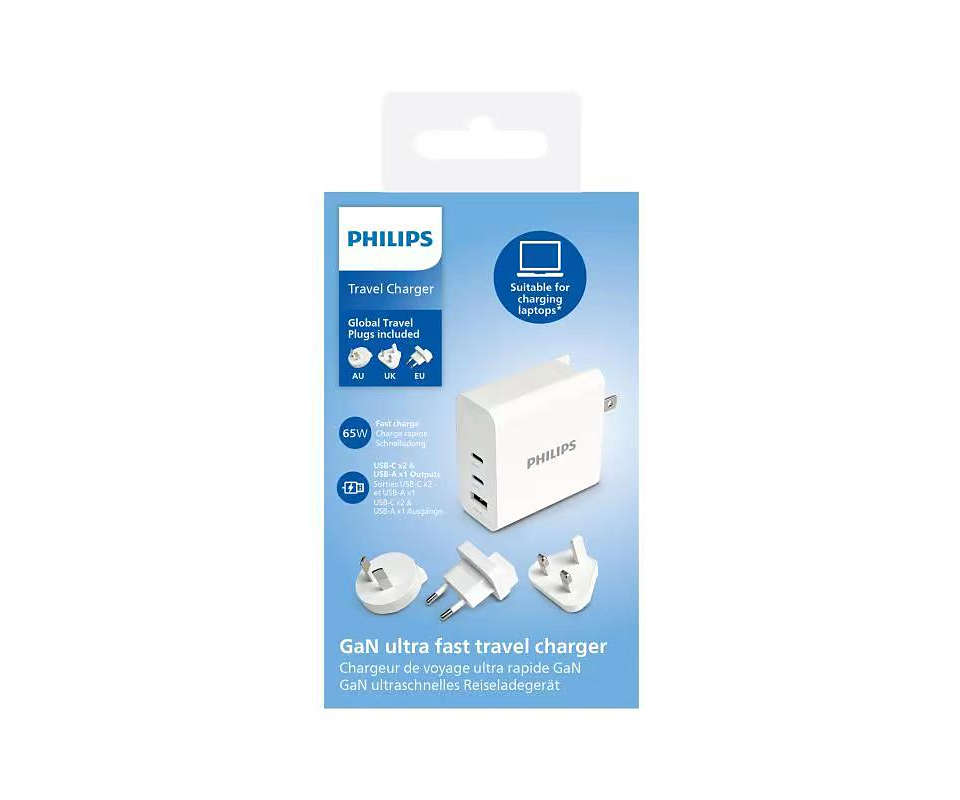 Philips Wall Charger 2 USB C & 1 USB A Port 65W Detachable Pin (DLP2682CW/00)