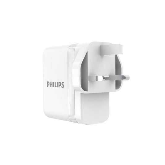 Philips 100W GaN Wall Charger – 2 USB-C + 1 USB-A | PD Fast Charging | UK Plug | White (DLP6332CW/05 )
