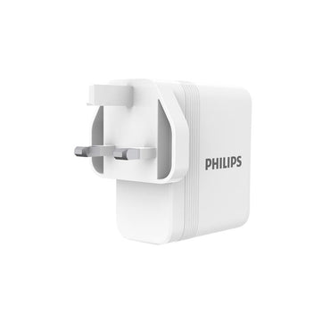 Philips 100W GaN Wall Charger – 2 USB-C + 1 USB-A | PD Fast Charging | UK Plug | White (DLP6332CW/05 )