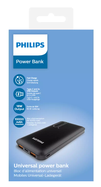 Philips Powerbank 10,000 mAh Li-Polymer USB-C PD + USB-A Quick Charge 3.0 18W + USB-A 2.1A (DLP6812CB/00)