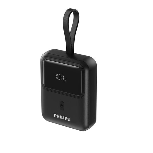 Philips 10000mAh Power Bank – PD 30W Fast Charging | USB-A + USB-C + Inbuilt USB-C Cable | Mini Size | LCD Display | Black (DLP7810CB/00)