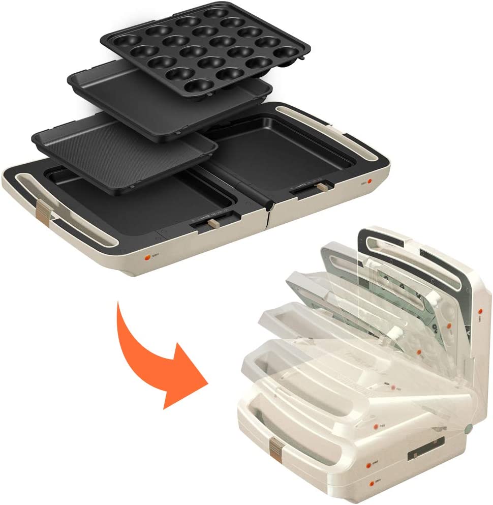 Iris Ohyama Double-Sided Foldable Electric Grill Plate, Takoyaki Hot Plate, Ivory (DPOL-301)