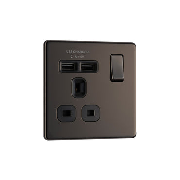 British General BG Flat plate Screwless  13A Switched Single Socket with USB Charger (FBN21U2B)