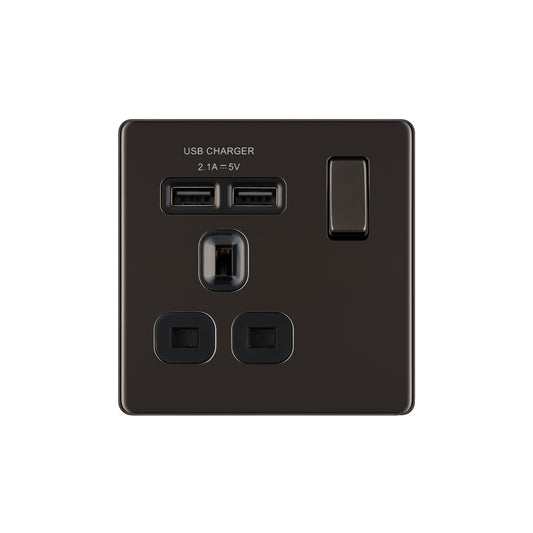 British General BG Flat plate Screwless  13A Switched Single Socket with USB Charger (FBN21U2B)