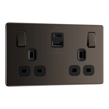 British General BG Flat plate Screwless Double Socket with 45W USB-C Charger (FBN22UAC45B)