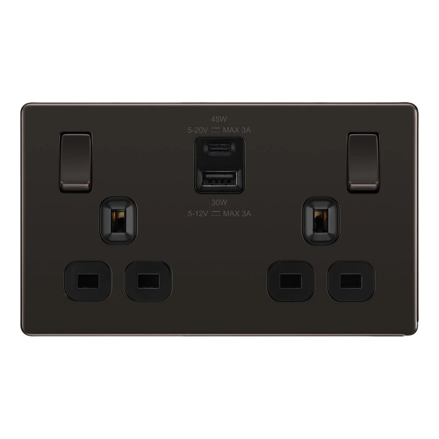British General BG Flat plate Screwless Double Socket with 45W USB-C Charger (FBN22UAC45B)