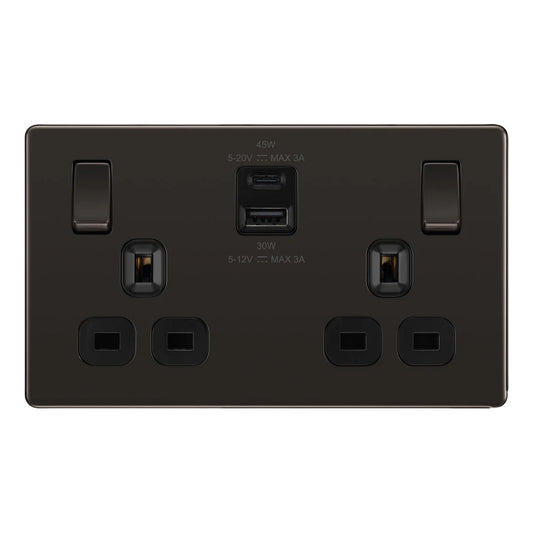 British General BG Flat plate Screwless Double Socket with 45W USB-C Charger (FBN22UAC45B)