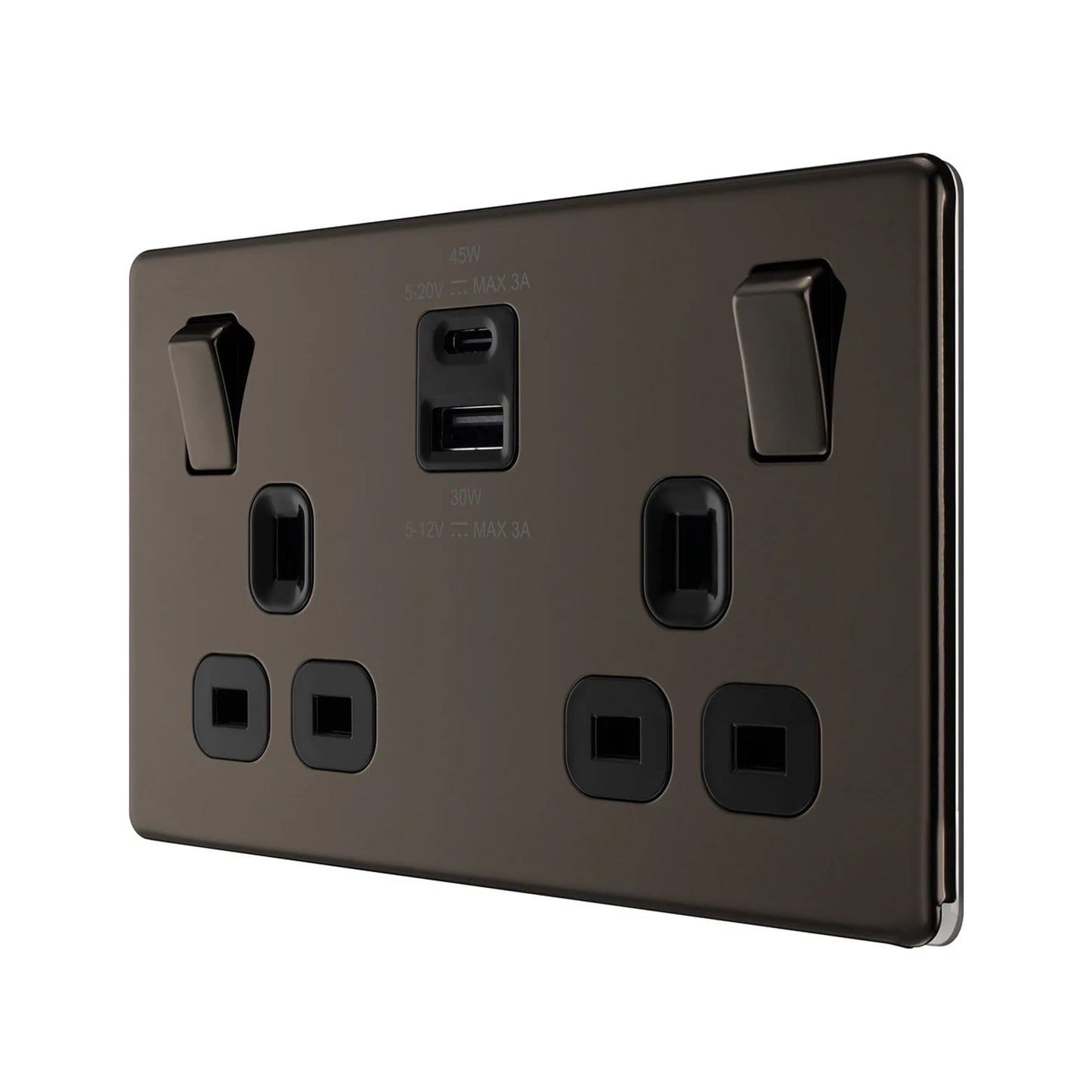 British General BG Flat plate Screwless Double Socket with 45W USB-C Charger (FBN22UAC45B)