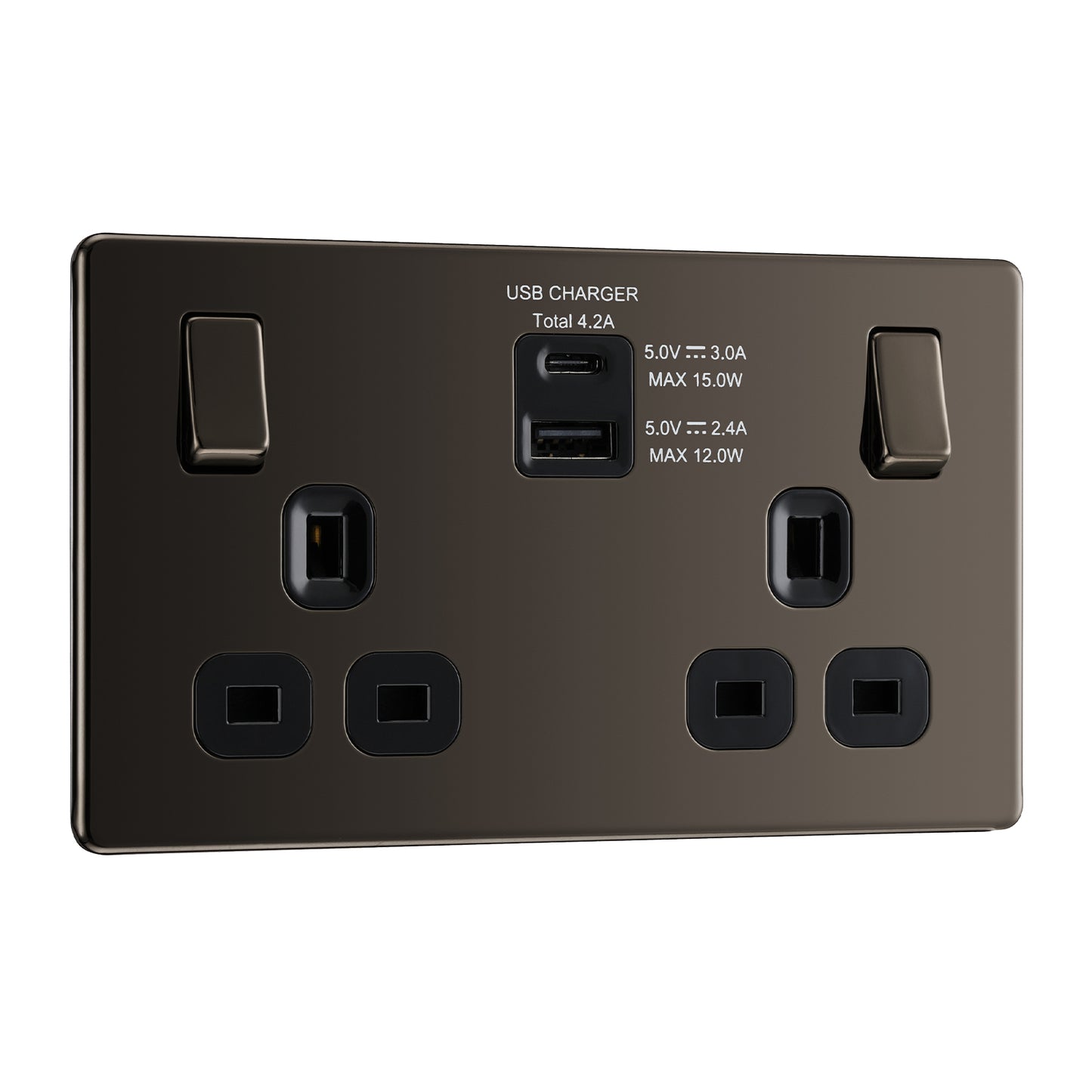 British General BG Flat Plate Double Gang USB Type-C Smart Charging Switched Socket (FBN22UACB)