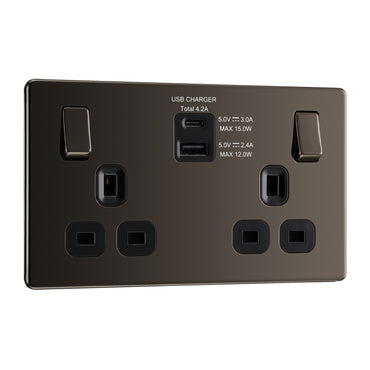 British General BG Flat Plate Double Gang USB Type-C Smart Charging Switched Socket (FBN22UACB)