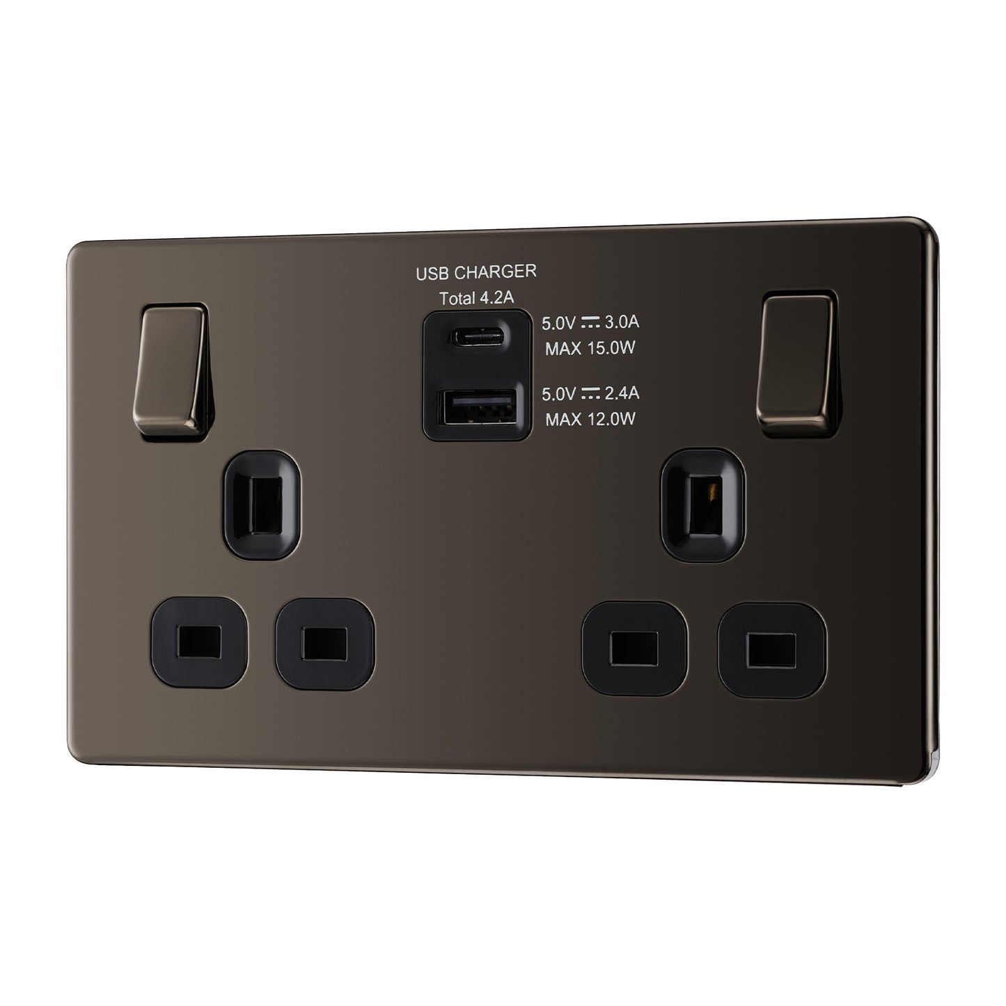 British General BG Flat Plate Double Gang USB Type-C Smart Charging Switched Socket (FBN22UACB)