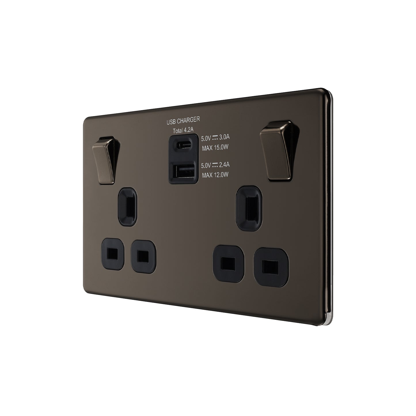 British General BG Flat Plate Double Gang USB Type-C Smart Charging Switched Socket (FBN22UACB)