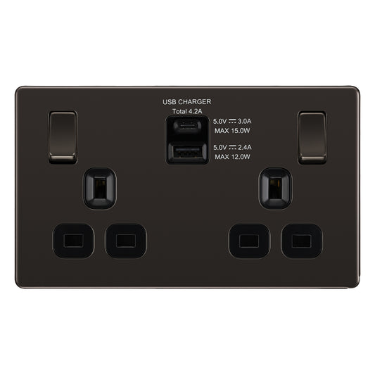 British General BG Flat Plate Double Gang USB Type-C Smart Charging Switched Socket (FBN22UACB)