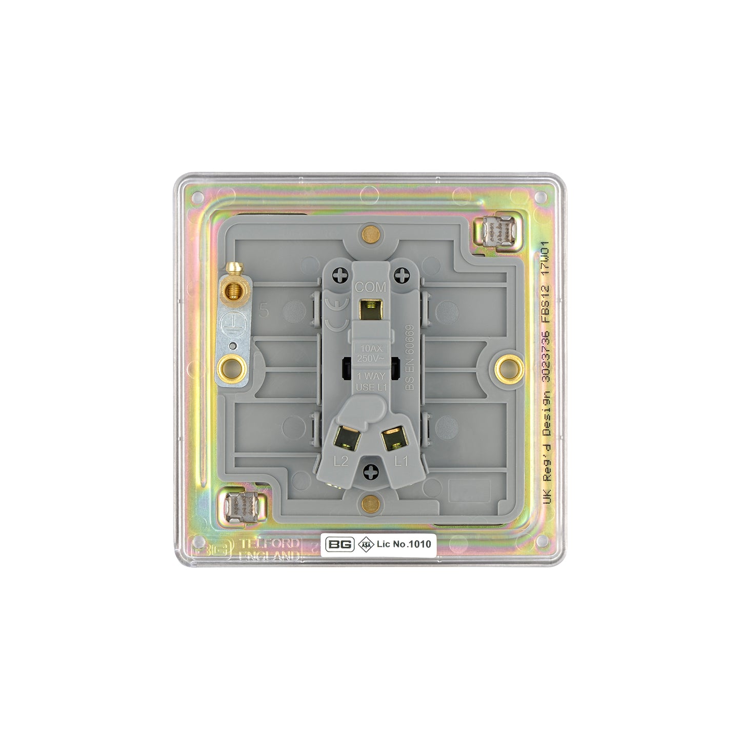 British General BG Flat Plate Screwless Single Gang 2 Way Switch, Brushed Steel (FBS12)