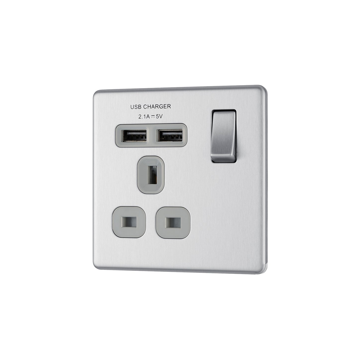 British General BG Screwless Flat plate 13A Switched Single Socket with USB Charger (FBS21U2G)
