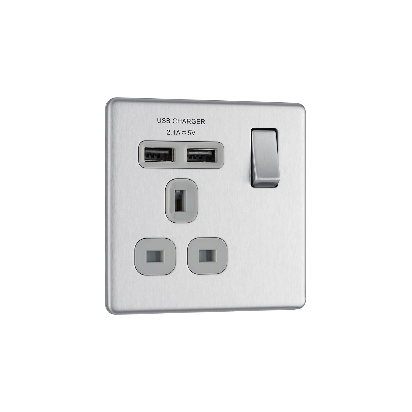 British General BG Screwless Flat plate 13A Switched Single Socket with USB Charger (FBS21U2G)