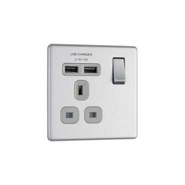 British General BG Screwless Flat plate 13A Switched Single Socket with USB Charger (FBS21U2G)
